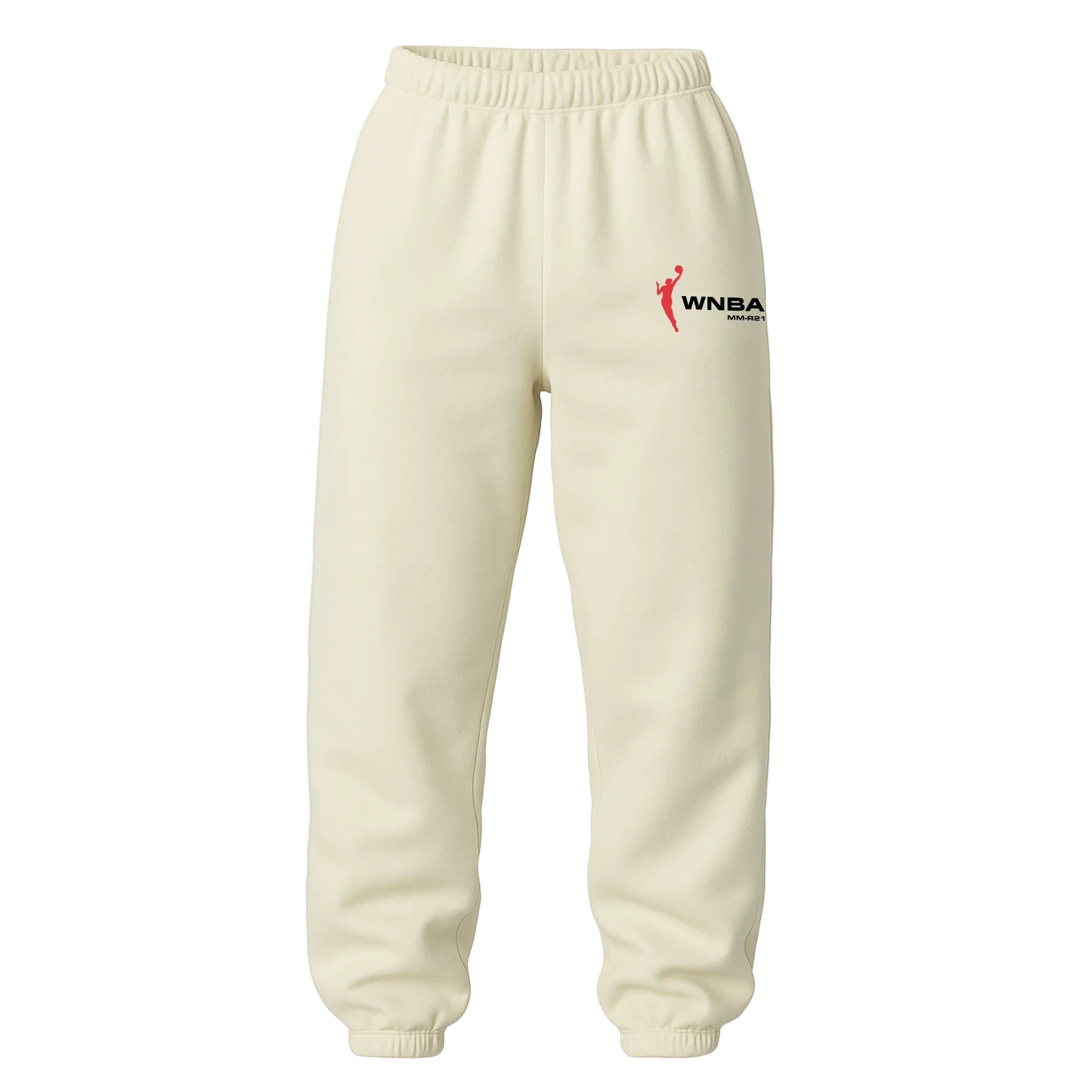 Beige sweatpants with WNBA logo on a white background featuring the Indiana Fever. Indiana Fever sweatpants.