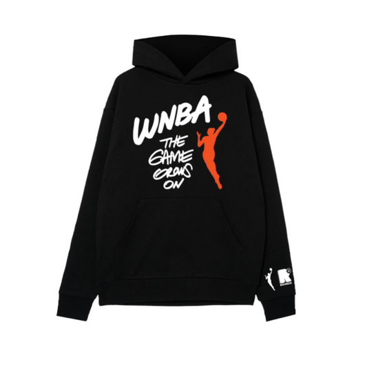 WNBA black pullover hoodie featuring The Game Grows On graphic and orange basketball player logo.
