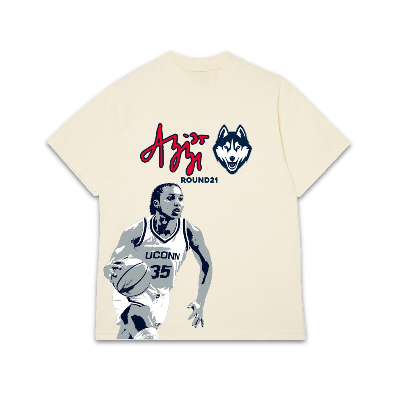 Azzi Fudd UConn women’s basketball t-shirt featuring UConn Huskies logo and Round21 graphic