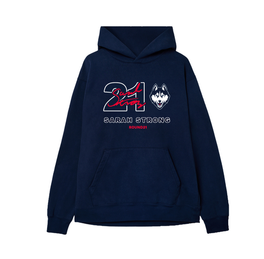 Sarah Strong UConn women’s basketball navy hoodie featuring Huskies logo and signature graphic